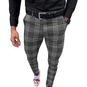 Heren Slim Fit Stretch Geruite Pantalon Met Zakken, Ruitjespatroon, Chino-broek, Casual Elastische Knoopbroek joggingbroek(Gray,3XL)