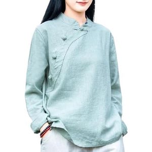 2024 Retro Etnische Stijl Chinese Tops Vrouwen Plus Size Traditionele Hanfu Blouse Losse Casual Katoenen Linnen Shirt (Color : Green, Size : 3XL)