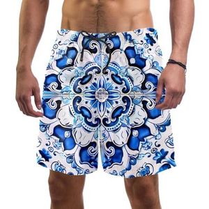 PAFEFO Nieuwigheid boardshorts voor heren, strandvakantie, feest, sneldrogende badpakken met blauwe, sierlijke Portugese tegels, mandala's ontwerpen, Blauwe Sierlijke Portugese Tegels Mandala's, XL