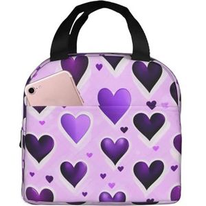 SUHNGE Modieuze paarse harten print geïsoleerde lunchtas Rolltop lunchbox draagtas voor vrouwen, mannen, volwassenen en tieners