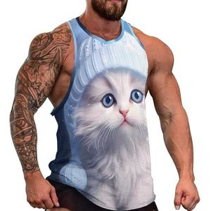 Leuke Witte Kat In Hoed Mannen Tank Top Causale Mouwloze T Shirt Gym Atletische Spier Tee Strand Vest