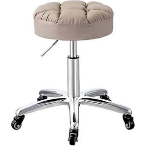 FXLUHAY Verstelbare rollende draaibare massagekruk met wielen en krasbestendig PU-lederen zachte zitting, in hoogte verstelbare hydraulische stoel, ronde rollende spa salon stoelkruk (beige)