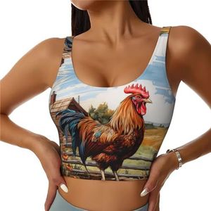 ZXERTG Haan op hout in landbouwgrond print atletische tanktops, hoge ondersteuning, ideaal voor high-impact trainingen, yoga en hardlopen, Zwart, S