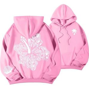 Preppy borduurwerk Hibiscus hoodie Leuke oversized hoodies Grafische pullover top for heren(Pink-1,S)