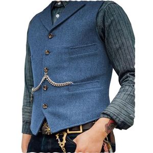 Ceehuteey Heren pak vest tweed retro V-hals wol visgraat voor prom, Blauw, XXL