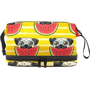 Multifunctionele opslag reizen cosmetische tas met handvat,Grote capaciteit reizen cosmetische tas,Mopshond hond bril watermeloen gele streep, Meerkleurig, 27x15x14 cm/10.6x5.9x5.5 in