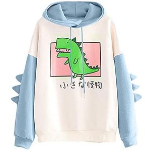 Dames dinosaurus hoodie sweatshirt lange mouw leuke Kawaii dino hoodie truien crop top cartoon bedrukte kleding meisjes tiener kleding streetwear zomer (kleur: blauw, maat: S)