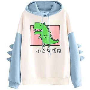 Dames dinosaurus hoodie sweatshirt lange mouw schattige Kawaii dino-hoodie truien crop top cartoon bedrukte kleding meisjes tienerkleding streetwear zomer (kleur: blauw, maat: S)