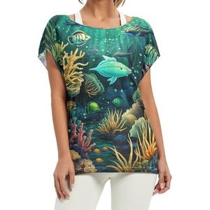 Ocean Animals Art T-shirt voor dames, korte vleermuismouwen, ronde hals, losse tops voor meisjes, Patroon, XL