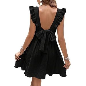 jurken voor dames Rugloze jurk met ruches en strikband (Color : Noir, Size : L)
