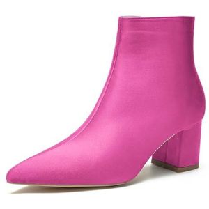 Vrouwen Chunky Blok Lage Hiel Chelsea Enkellaarsjes Puntige Neus Zijrits Kantoor Klassieke Satijnen Jurk Korte Bootie,Fuchsia,35 EU