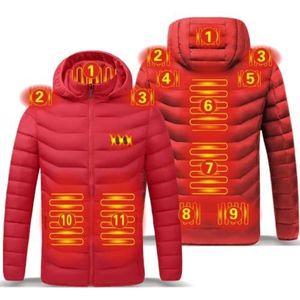 11 gebieden verwarmd jas, usb mannen vrouwen winter outdoor elektrische verwarming jassen warme sport thermische jas kleding verwarmdig met capuchon,Rood,L