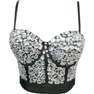 Woboren Dames Strass Diamant Push Up Bustier Crop Top Gothic Punk Korset Clubwear Party BH Blouse Tops, zilver, M