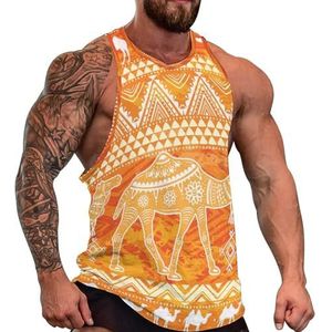 Camels And Etnische Motieven Tanktop voor heren, grafische mouwloze bodybuilding T-shirts, casual strand-T-shirt, grappige sportschoolspieren