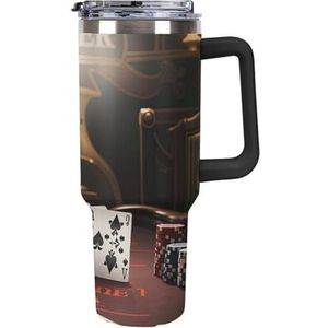 STVNKML 40 oz beker met handvat poker toernooi roestvrijstalen koffiemok herbruikbare reismok lekvrije geïsoleerde autobeker grote capaciteit beker voor reizen, buiten, thuisgebruik (zwart)