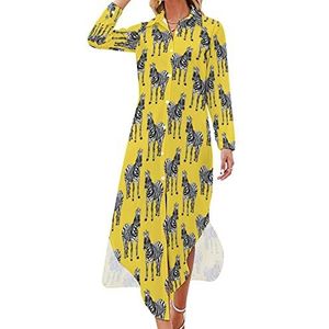 Zebra Maxi-jurk voor dames, lange mouwen, knoopjurk, casual feestjurk, lange jurk, S