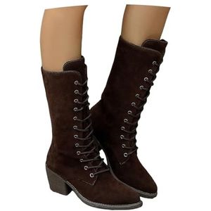 Dames Veterlaarzen Grote Maten Halfhoge Laarzen Puntige Enkellaarsjes Met Blokhak Waterdichte Suède Laarzen Retro Ankle Boots for Buiten(Brown,43 EU)