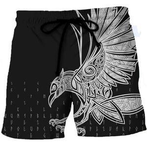 Viking Celtic Crow Shorts Voor Heren, Nordic Rune Tattoo Print Zomer Ademende Mesh Trekkoord Shorts, Modieuze Harajuku Sneldrogende Losse Shorts (Color : Crow C, Size : S)