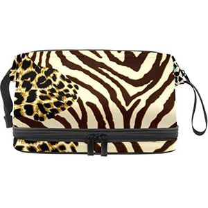 Dubbellaags Cosmetische Tas Luipaard Textuur Draagbare Make-up Tas Reizen Organizer Pouch Voor Vrouwen Meisjes Toiletries Tassen, Meerkleurig, 27x15x14 cm/10.6x5.9x5.5 in, Make-up zakje