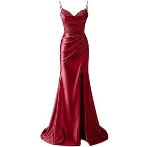 YIANN Satijnen baljurk met spaghettibandjes voor dames, met split, kant, applicatie, zeemeermin, lange baljurk, formele jurk, Bordeaux, 32