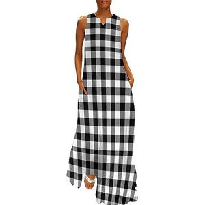 Zwart-wit Gingham dames enkellengte jurk slim fit mouwloze maxi-jurken casual zonnejurk 5XL