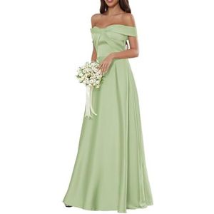HPPEE Off-shoulder satijnen bruidsmeisjesjurken voor dames, mouwloos, A-lijn baljurk lange galajurk, Sage Groen, 32