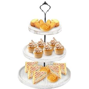 Cupcake-etagère,Snoep, 3-laags Taartstandaard, Houten Standaard, Ronde Cake, Fruit Serveerschaal(White)