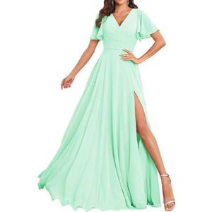 Chiffon bruidsmeisjesjurken voor dames, met split, lange baljurken, cocktailjurken, grote maten, mintgroen, 32