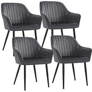 SONGMICS Eetkamerstoel, set van 4, fauteuil, loungestoel, met armleuning, bekleding van fluweel, zitbreedte 49 cm, belastbaar tot 110 kg, metalen poten, voor de eetkamer, grijs-zwart LDC087G01-4