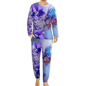 Paarse bloem lieveheersbeestje comfortabele heren pyjama set ronde hals lange mouw loungewear met zakken 6XL