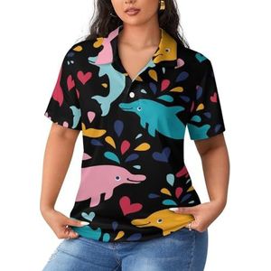 Kleurrijke dolfijnen dames poloshirts met korte mouwen casual T-shirts met kraag golfshirts sport blouses tops XL