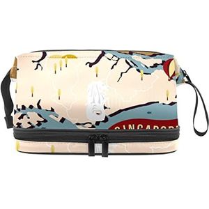 Grote capaciteit reizen cosmetische tas,Vintage Singapore Kaart,Make-up tas,Waterdichte make-up tas Organizer, Meerkleurig, 27x15x14 cm/10.6x5.9x5.5 in