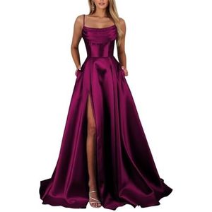 KIYNE Satijnen galajurken voor dames met steekzakken en spaghettibandjes, lange formele avondjurk, Fuchsia, 32