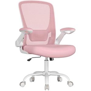 SONGMICS Ergonomische Canvas Bureaustoel, Fauteuil, Gewatteerde Lendesteun, Schommelmechanisme, 53 cm Brede Zitting, Opklapbare Armleuningen, Candy roze OBN037R01