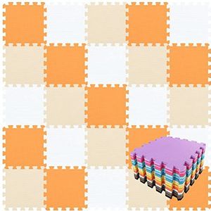 qqpp Speelmat, zacht, EVA-schuim, voor baby's, voor op de grond, puzzelstukken, draagbaar, opvouwbaar, 18 tegels (30 x 30 x 1 cm), wit, oranje en beige. QQC-ABJb18N