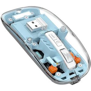 MAGIC-REFINER Draadloze Muis, 2.4 GHz of Bluetooth 5.0 Wireless Mouse, Stille Klikken, Oplaadbare, 2400DPI USB-C Transparante Gaming Mouse, Batterijniveau Zichtbaar, Laptop/Win/Mac/Chrome, Blauw