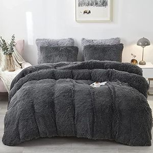 Sacebeleu Pluche beddengoedset, 155 x 220 cm, warm, winter, wollig, flanel, meisjes donkergrijs grijs beddengoed dekbedovertrek met ritssluiting en 1 kussensloop van 80 x 80 cm