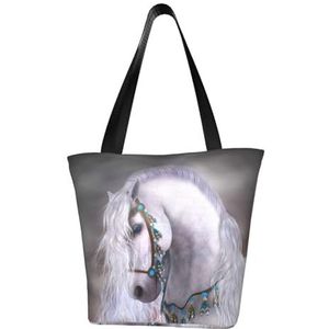 BeNtli Schoudertas, Canvas Tote Grote Tas Vrouwen Casual Handtas Herbruikbare Boodschappentassen, Mooi Afrikaans Wit Paard, zoals afgebeeld, Eén maat