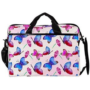 EZIOLY Blauwe Vlinders en Rode Bloemen 14 Inch15 Inch Laptop Schoudertas Crossbody Aktetas Messenger Sleeve voor 13 Inch tot 14 ""Laptop, Meerkleurig, 11*15in