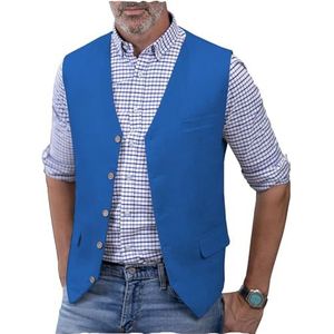AeoTeokey Linnen vest voor heren, zomerpak, vest, V-hals, lichtgewicht, casual vest, normale pasvorm, Blauw, S