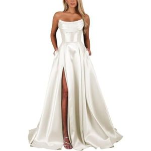 KIYNE Strapless satijnen baljurk voor dames, met splitzakken, A-lijn, baljurk lang, formele avondjurk, Ivoor, 48 grote maten