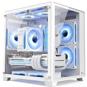 Micro-ATX, Mini-ITX Mid-tower Computerbehuizing, Dubbele Geharde Glazen Panelen, 7 Voorgeïnstalleerde ARGB-ventilatoren USB2.0-USB3.0-HD-audio, Ondersteuning For Waterkoeling(White)