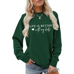 Life Is Better with My Kids sweatshirt voor vrouwen grappige liefde hart print shirts lange mouw jas tops (S, vintage groen), Vintage Groen, S