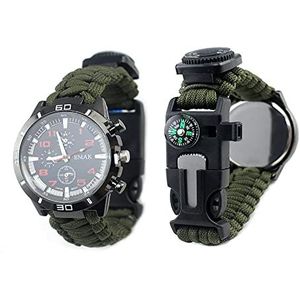 7 in 1 Survival Armband Horloge, buitenshuis Waterdichte Survival Tactische Militaire Digitale Horloge met Paracord, Kompas, Thermometer, Fluitje, Vuurtje Brand Starter, Schraper,Aarmy green
