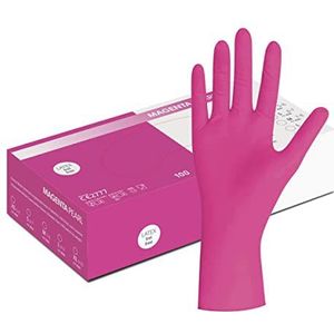 Herrmann Nitrilhandschoenen, magenta/roze, maat M, 100 stuks, wegwerphandschoenen in praktische dispenserdoos, ideaal voor hygiënegebieden, zoals cosmetica, levensmiddelen enz., latexvrij