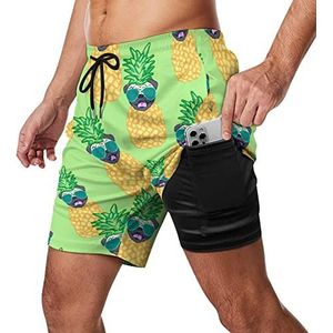 Grappige Pineapple Pug Zwembroek voor heren, sneldrogend, 2-in-1 strandsportshorts met compressieliner en zak