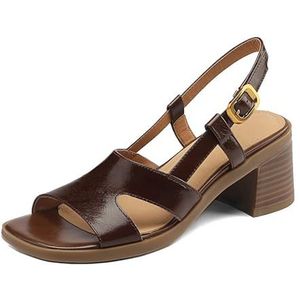 Dames zomer open teen schoenen sandalen vierkante teen gesp enkelbandje comfortabele sleehak sandalen casual kleding sandalen (36,Bruin)