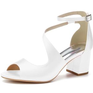 GHSIRUEU Blok Chunky hakken voor vrouwen Peep Toe enkelband Strappy Heeled Sandalen 2.36 inch bruiloft bruidsmeisje schoenen,Wit,35 EU