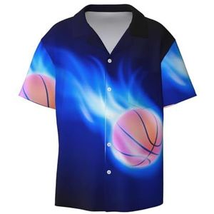 EdWal Blue Fire Basketbal Ball Print Heren Korte Mouw Button Down Shirts Casual Losse Fit Zomer Strand Shirts Heren Jurk Shirts, Zwart, XXL