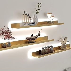 Floating Wall Shelves, Wall Shelf Built-in LED Warm Light Wall Storage Shelf For Bedroom Living Room DecorationStorage Plant Or Bookshelf (Color : Gold, Size : 150x20x6cm)